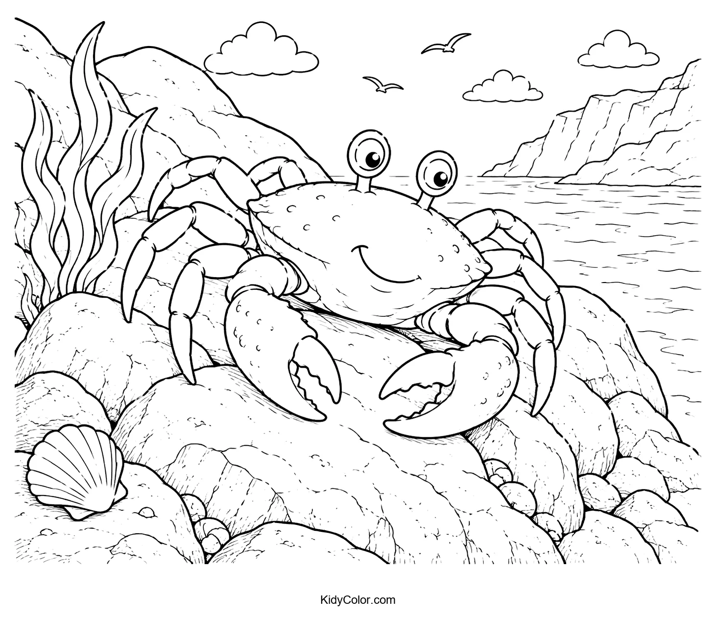 Cheerful crab sitting on rocky shoreline with sea and birds in the background.