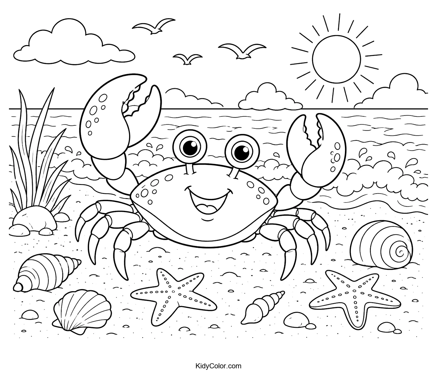 Cheerful crab sitting on a sandy shore with shells and starfish.