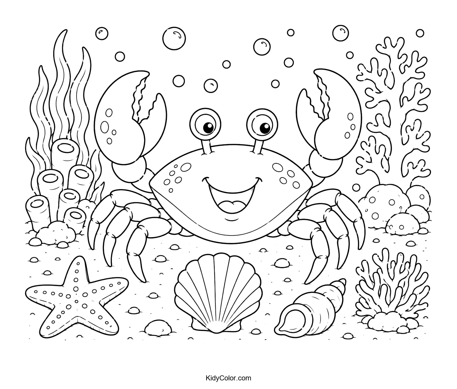 Cheerful crab in underwater setting with seashells, coral, and bubbles.