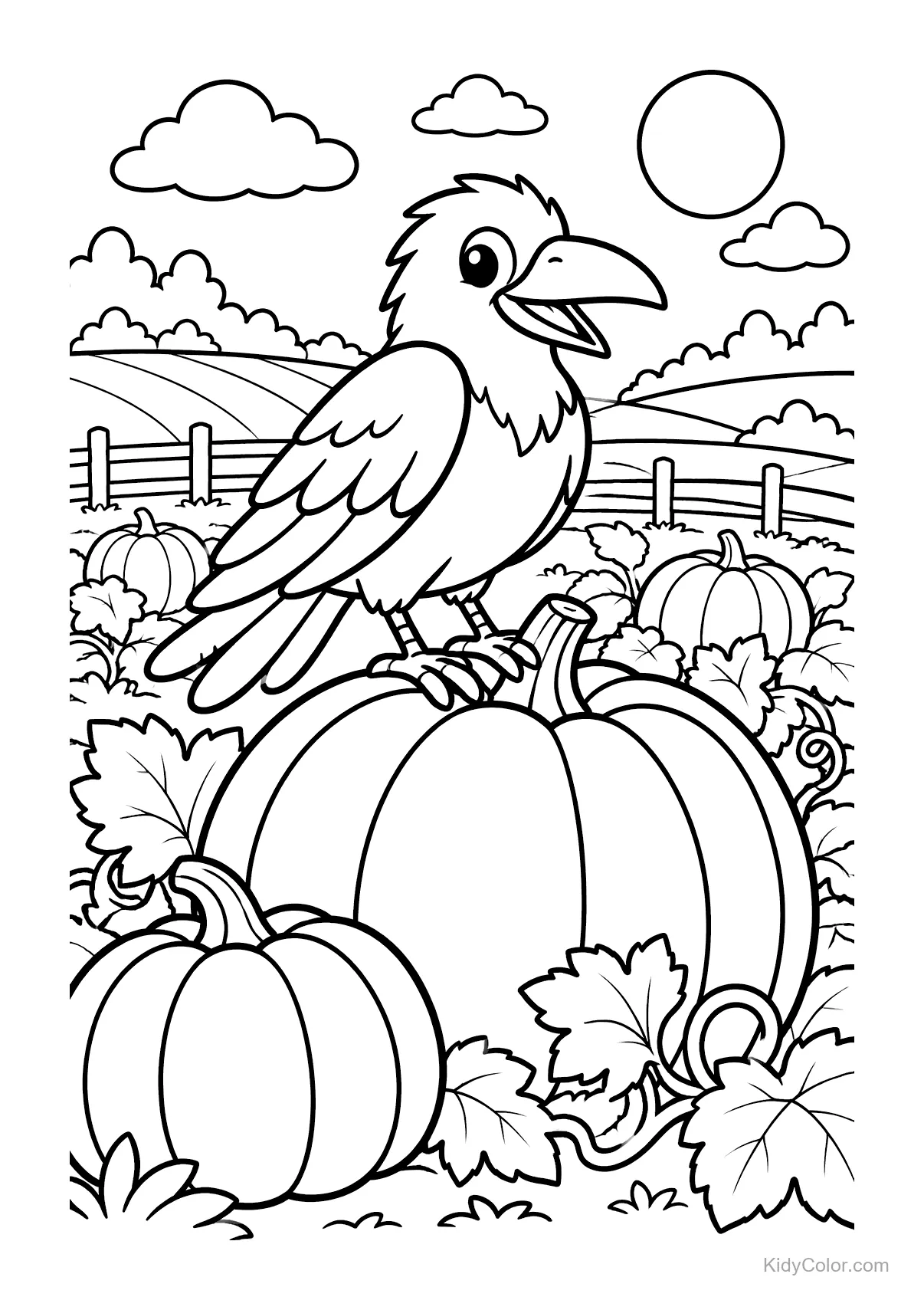 Crow perched on a pumpkin in a field with other pumpkins.