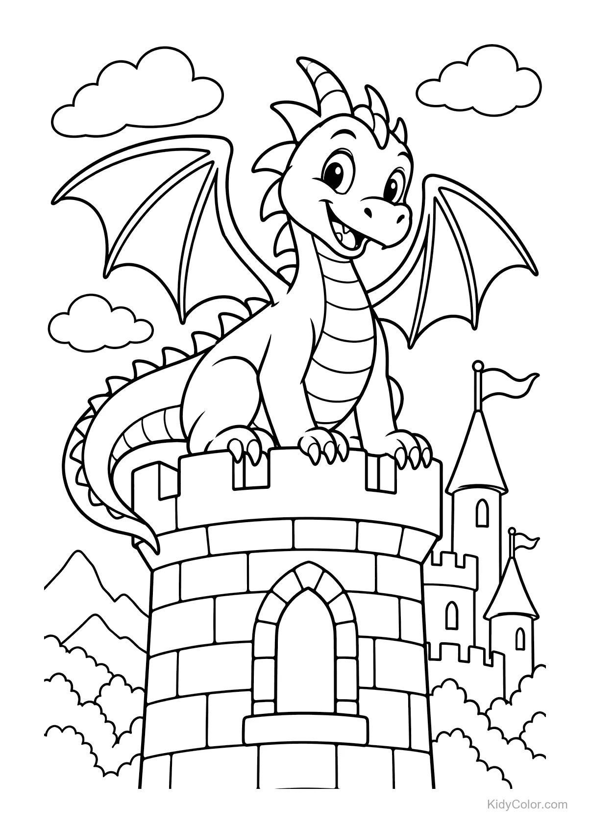 Cheerful dragon sitting atop a castle tower with a background.
