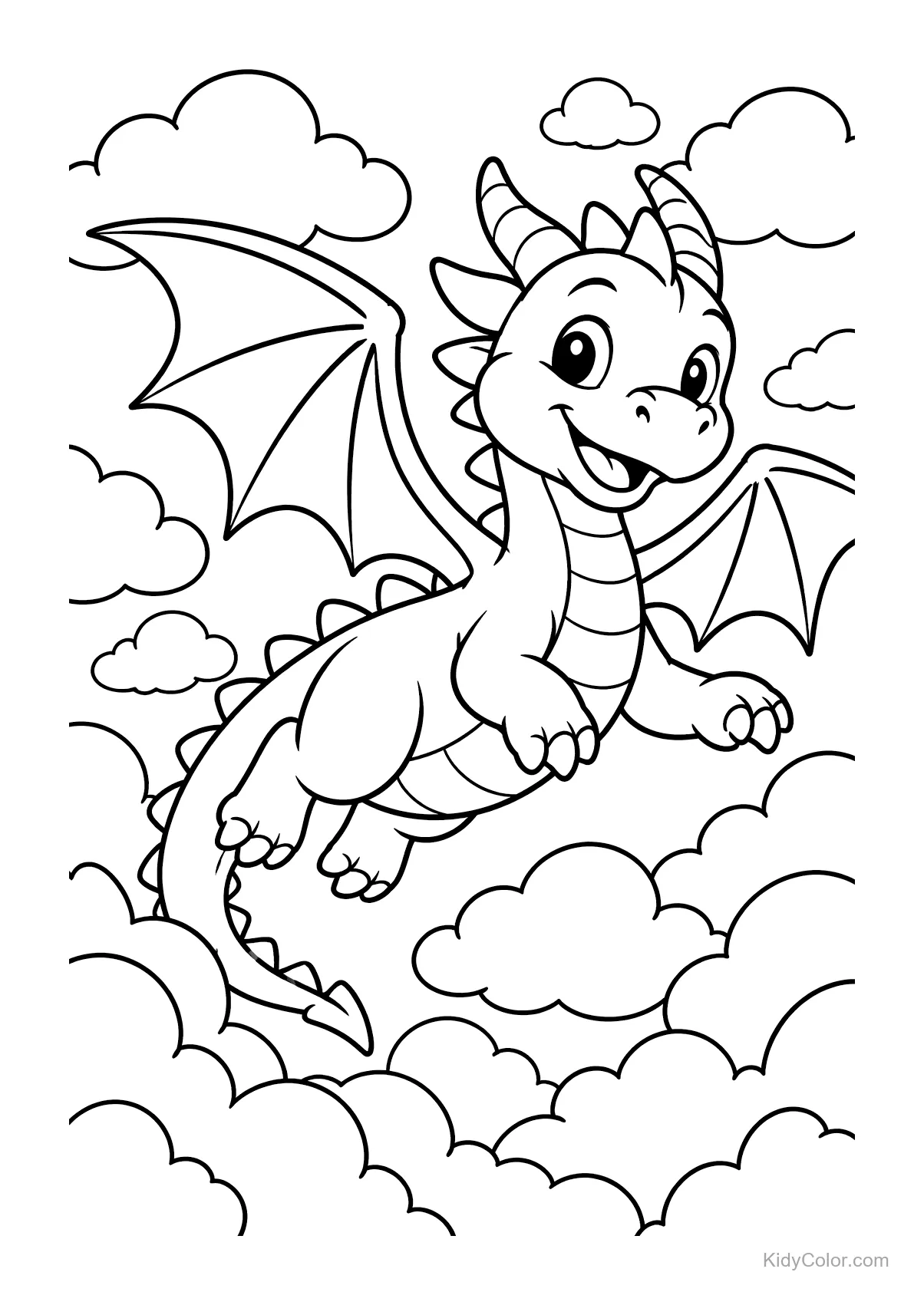 Un dragón sonriente con alas volando entre nubes.