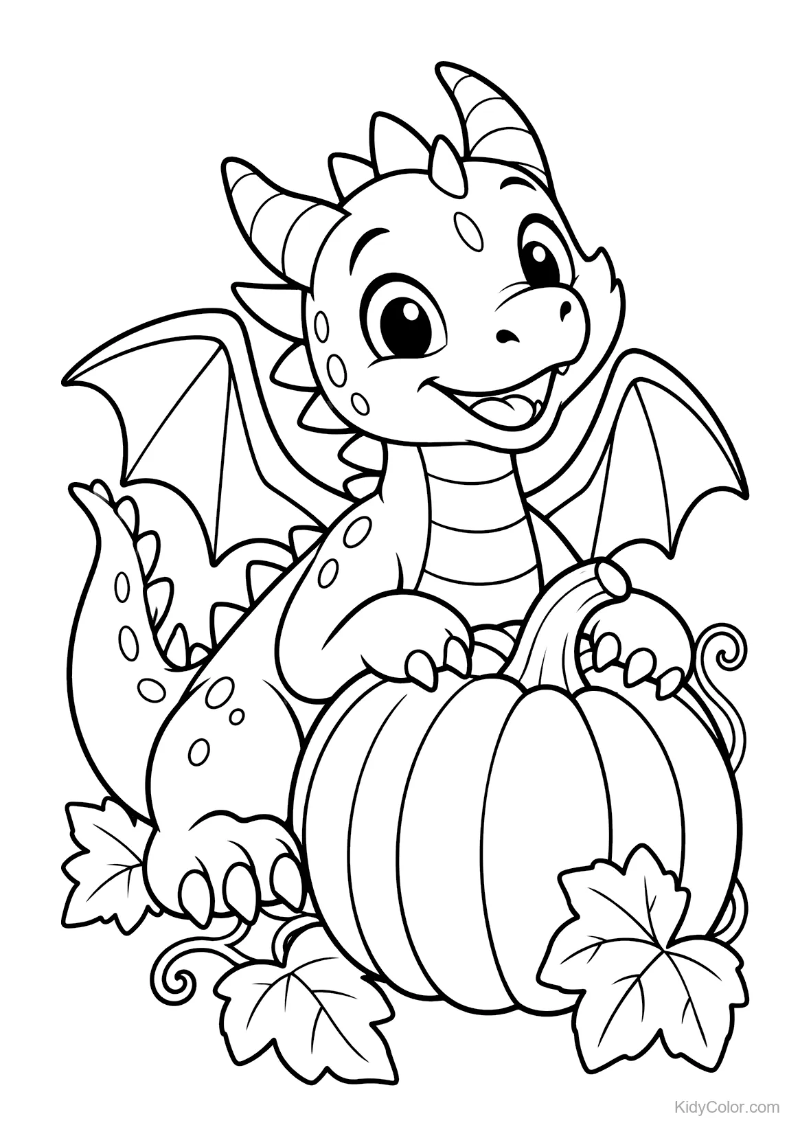 Cheerful dragon sitting with pumpkins in a patch.