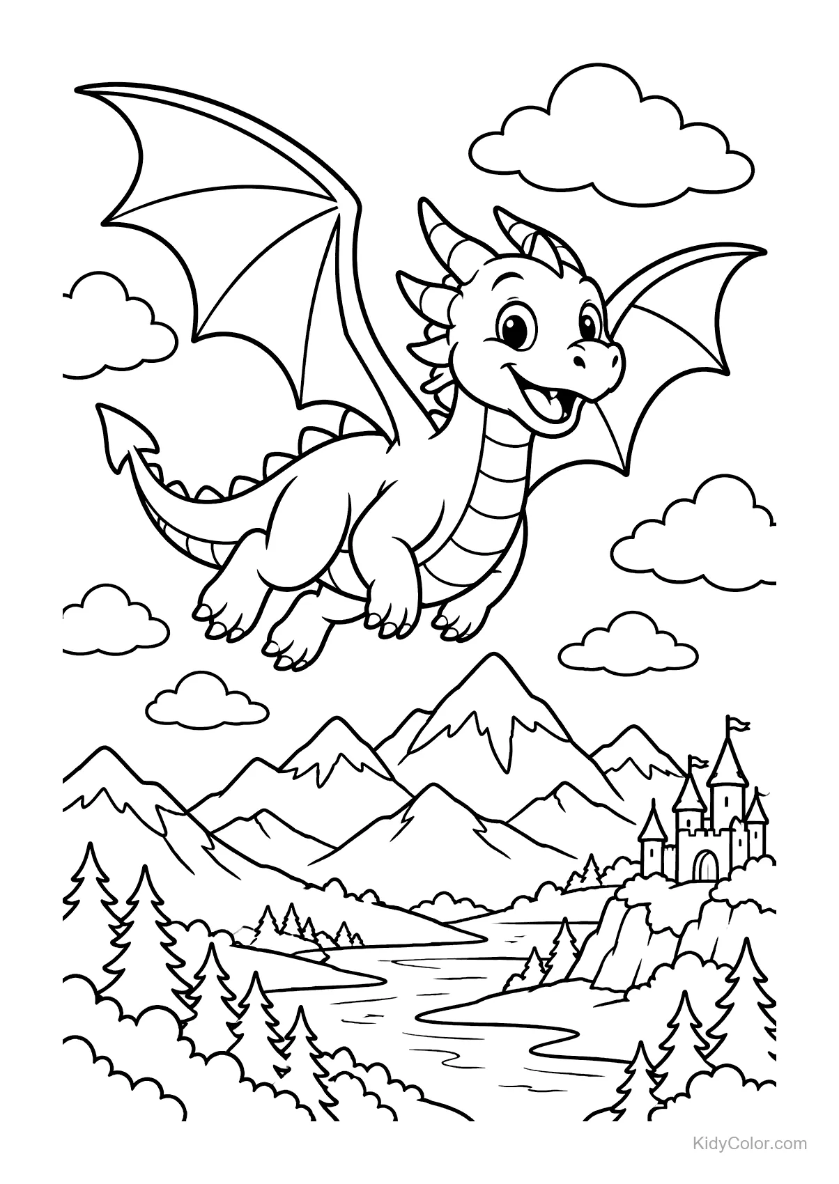 Fröhlicher Drache fliegt über ein Alpental mit Schloss.