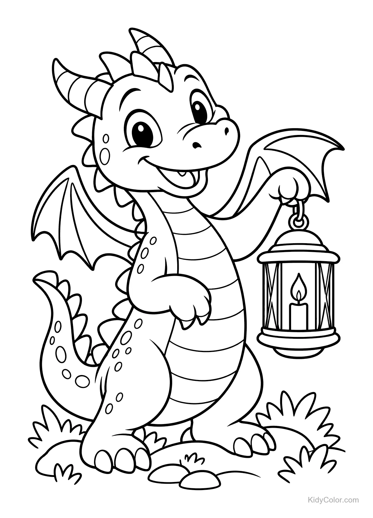 Dragão sorridente segurando uma lanterna com grama ao redor.