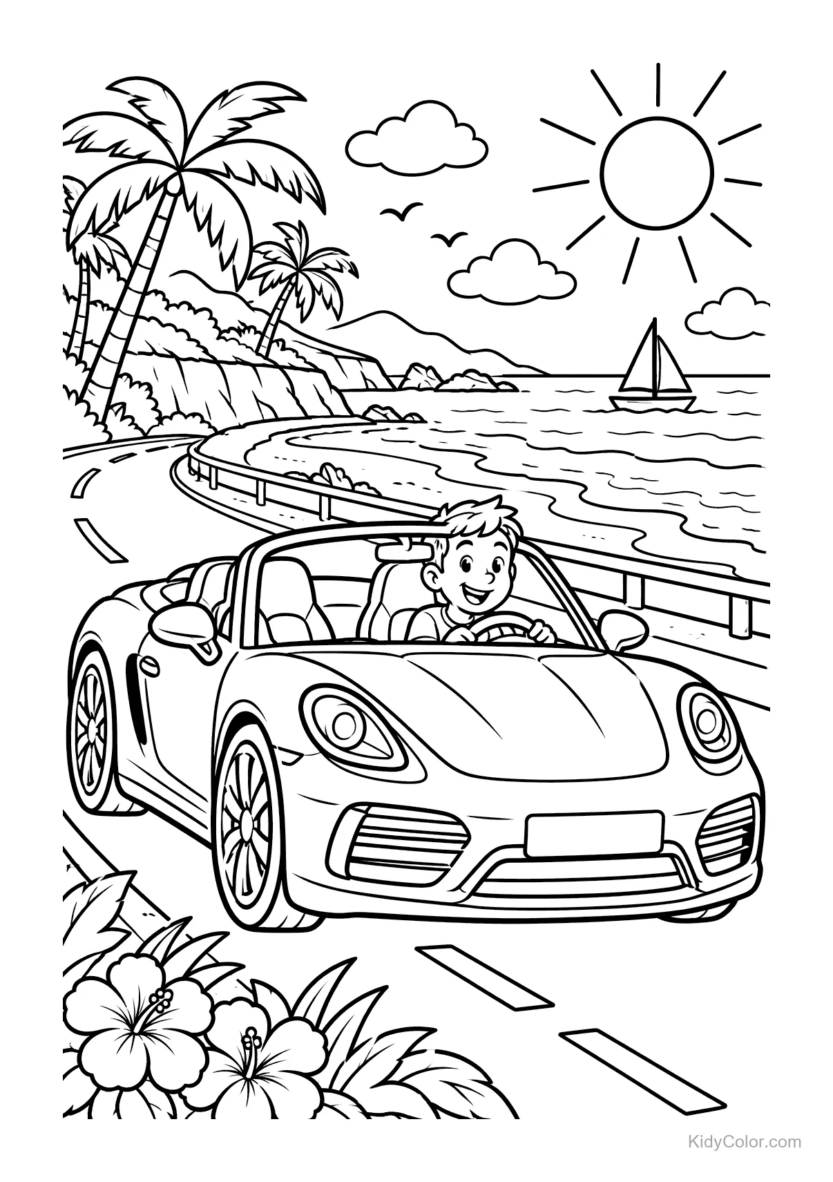 Convertible car driving along a coastal road with palm trees, ocean, and sun.