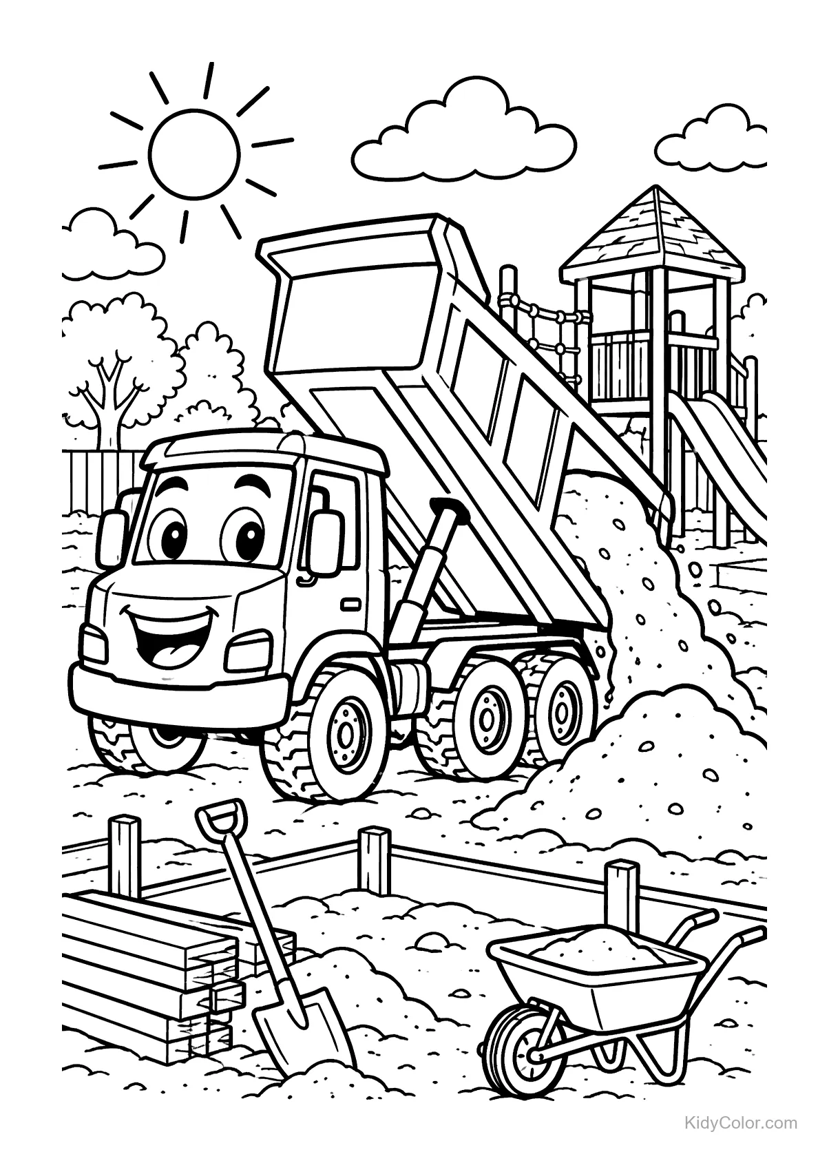Cheerful dump truck at a playground with shovel, wood, and wheelbarrow.