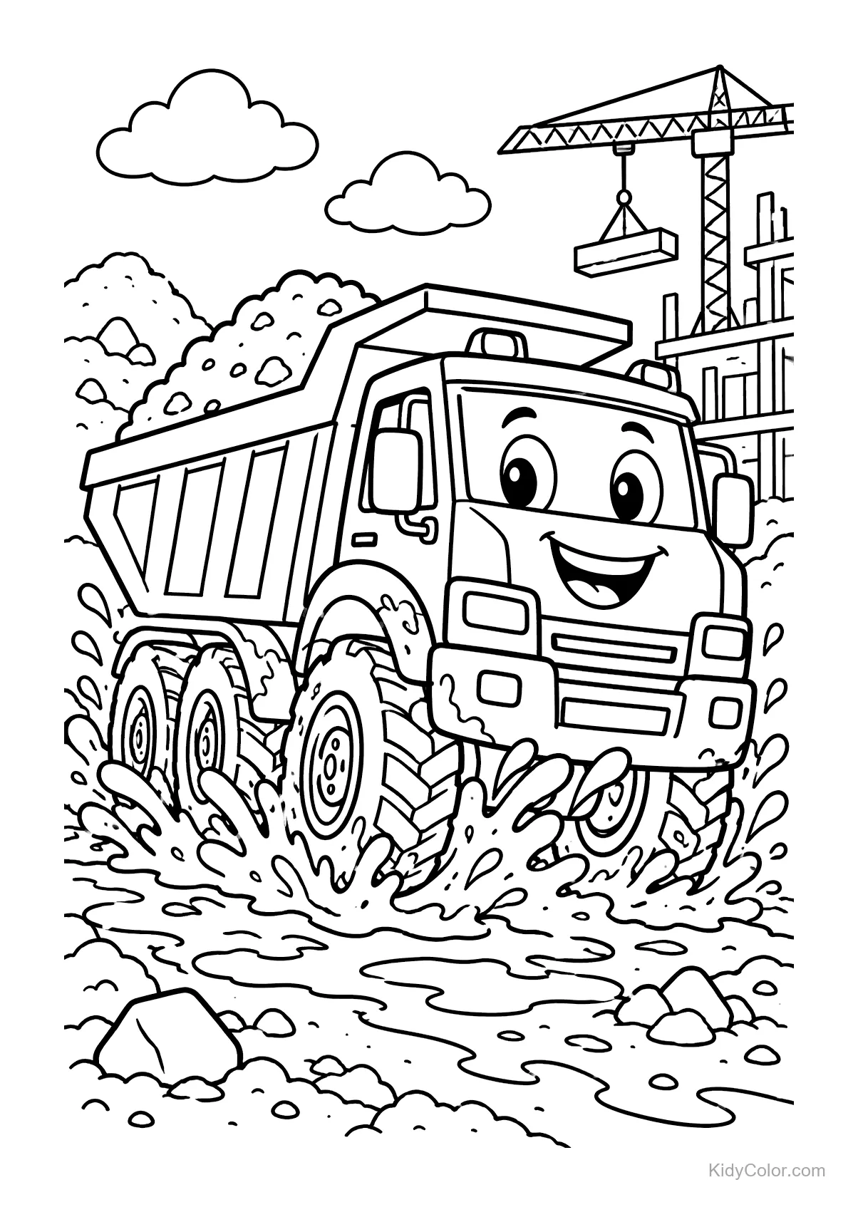 Cheerful dump truck driving through mud at a construction site.
