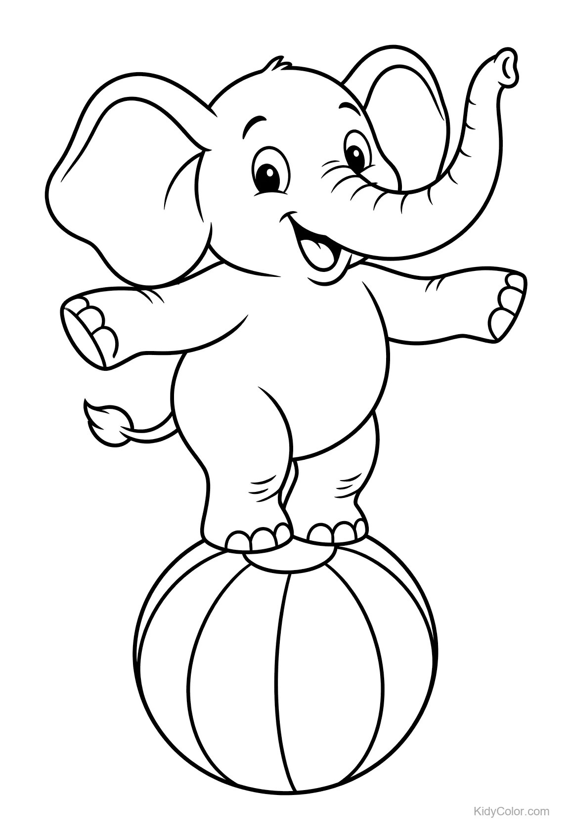 Elefante alegre equilibrándose sobre una pelota con expresión feliz.