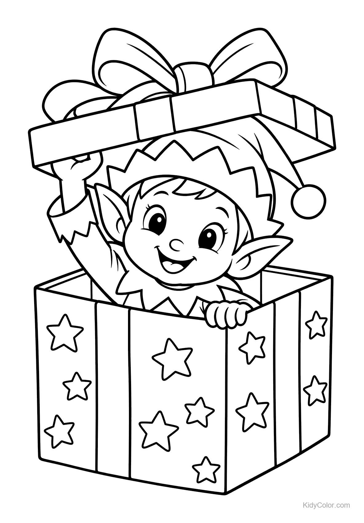 Duende alegre saliendo de una caja de regalo decorada con estrellas.