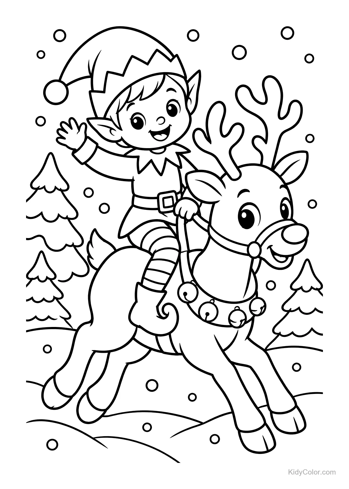 Cheerful elf riding a reindeer in a snowy forest.