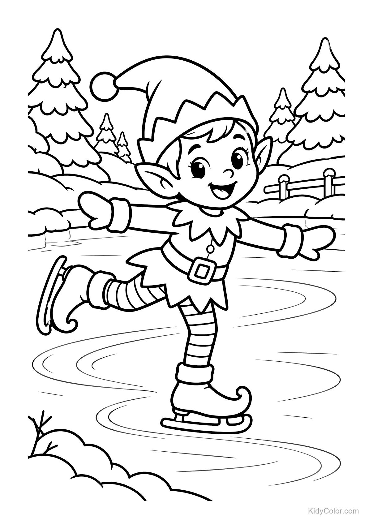 Cheerful elf skating on an icy pond in a snowy forest.