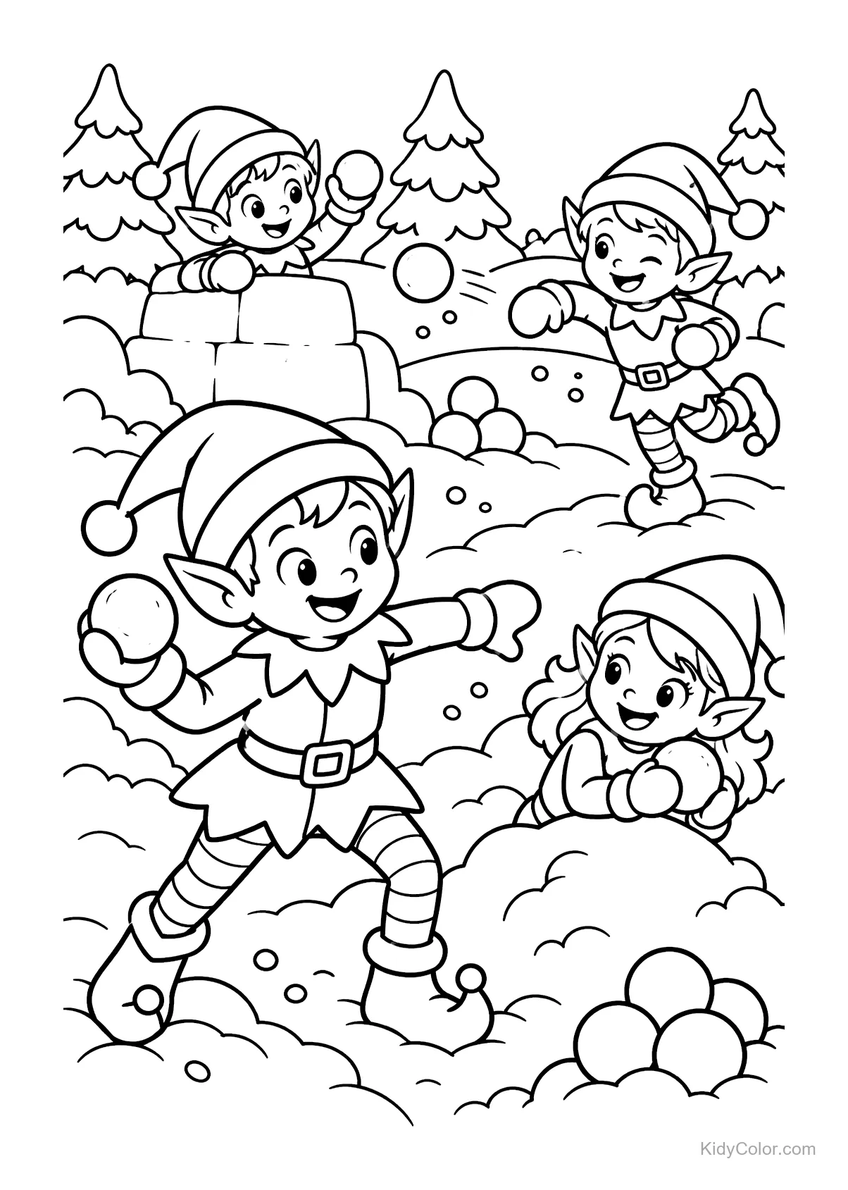 Cheerful elves having a snowball fight in the snow.