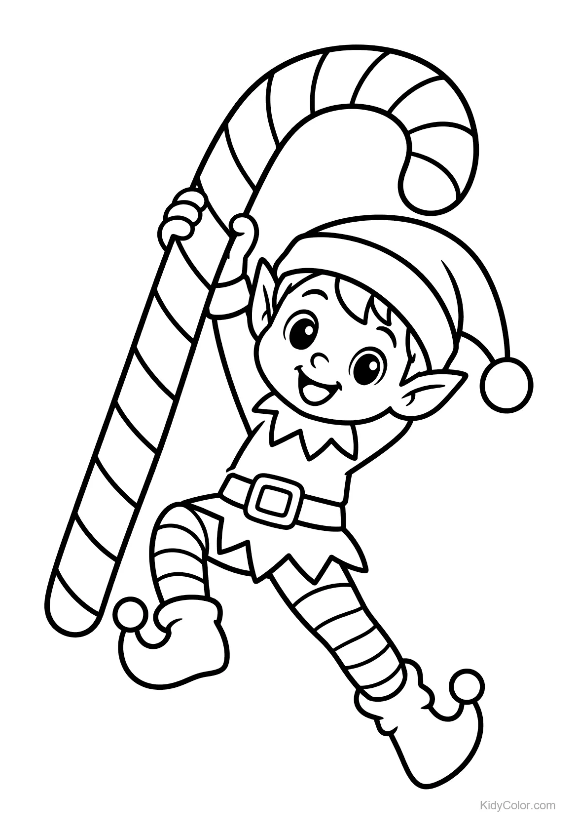 Elf swinging on a large striped candy cane.