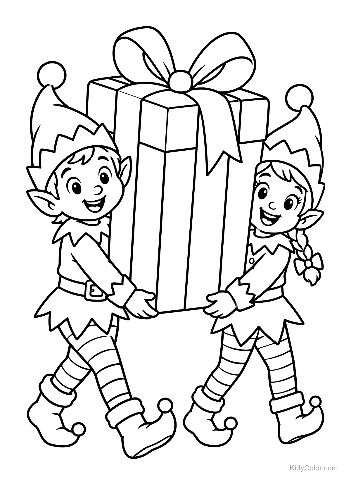 Cheerful elves carrying a giant gift tied with a bow.