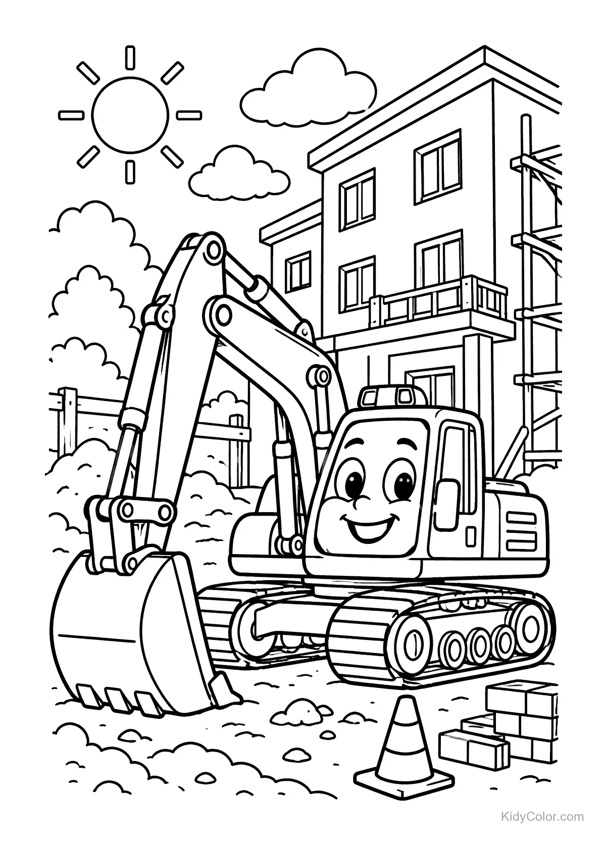 A cheerful excavator with a smile at a construction site near a building.