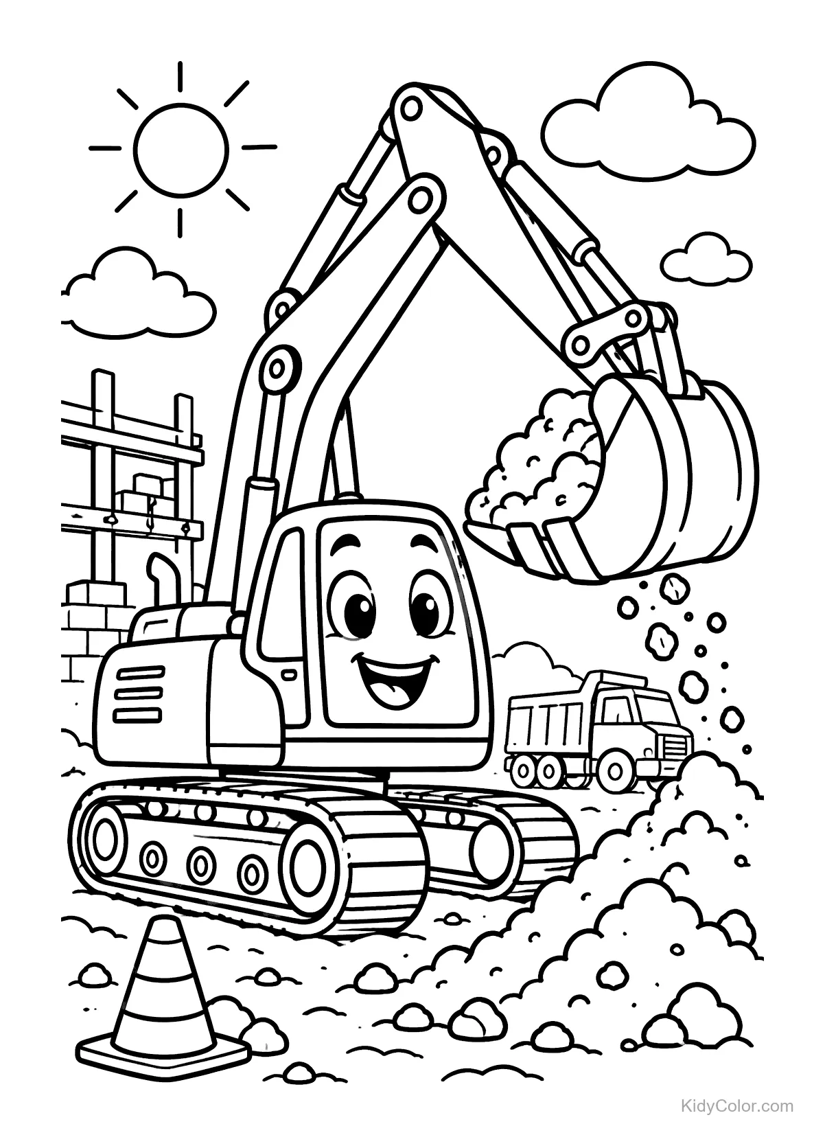 Cheerful excavator with a smiling face at a construction site.