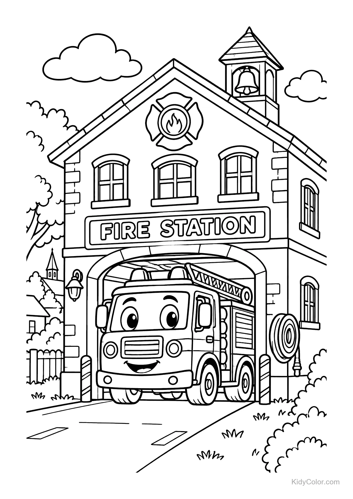 A cheerful fire truck parked in front of a fire station building with a bell tower.