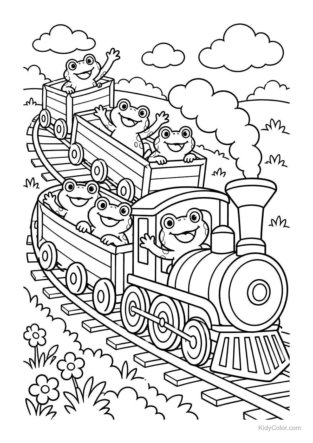 Frogs riding happily on a steam train through nature.