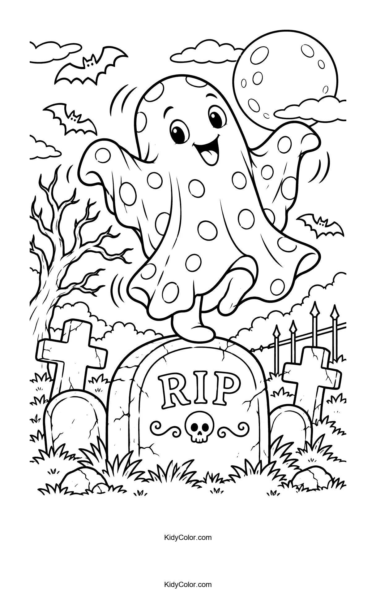 A cheerful ghost with spots dancing on a tombstone in a graveyard, surrounded by bats and a full moon.