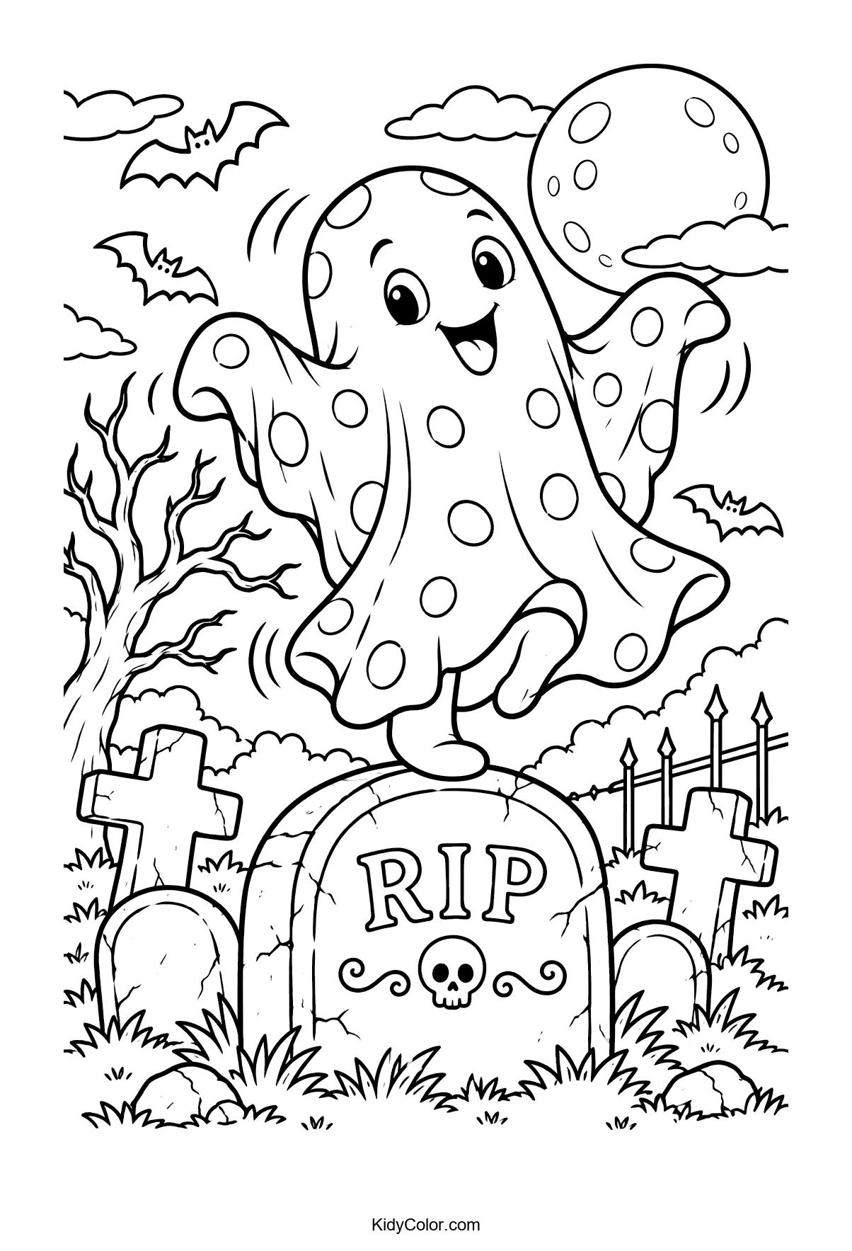 Cheerful ghost with polka dots dancing on a gravestone in a graveyard with bats and a full moon.