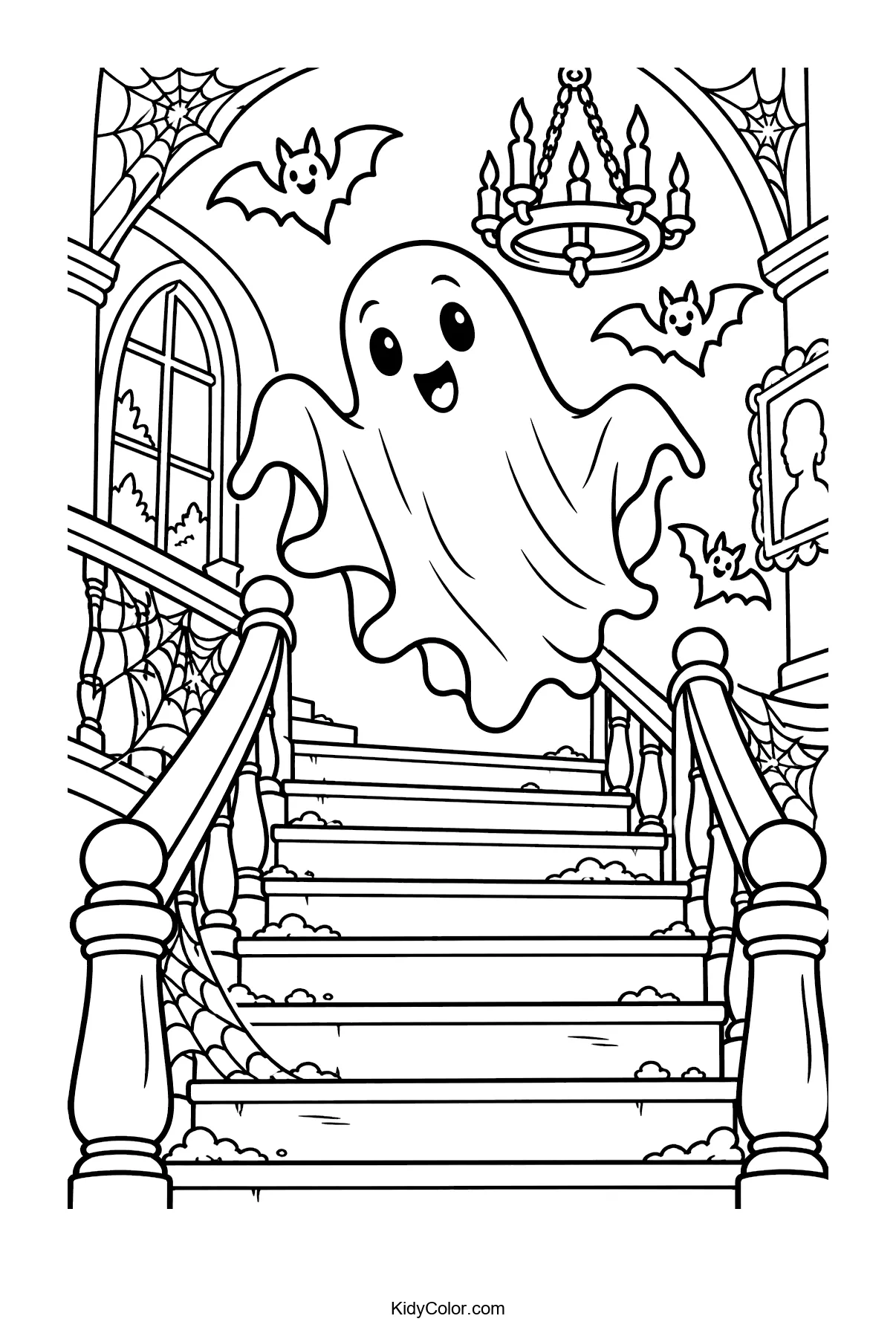 Cheerful ghost floating down a cobwebbed staircase with bats.