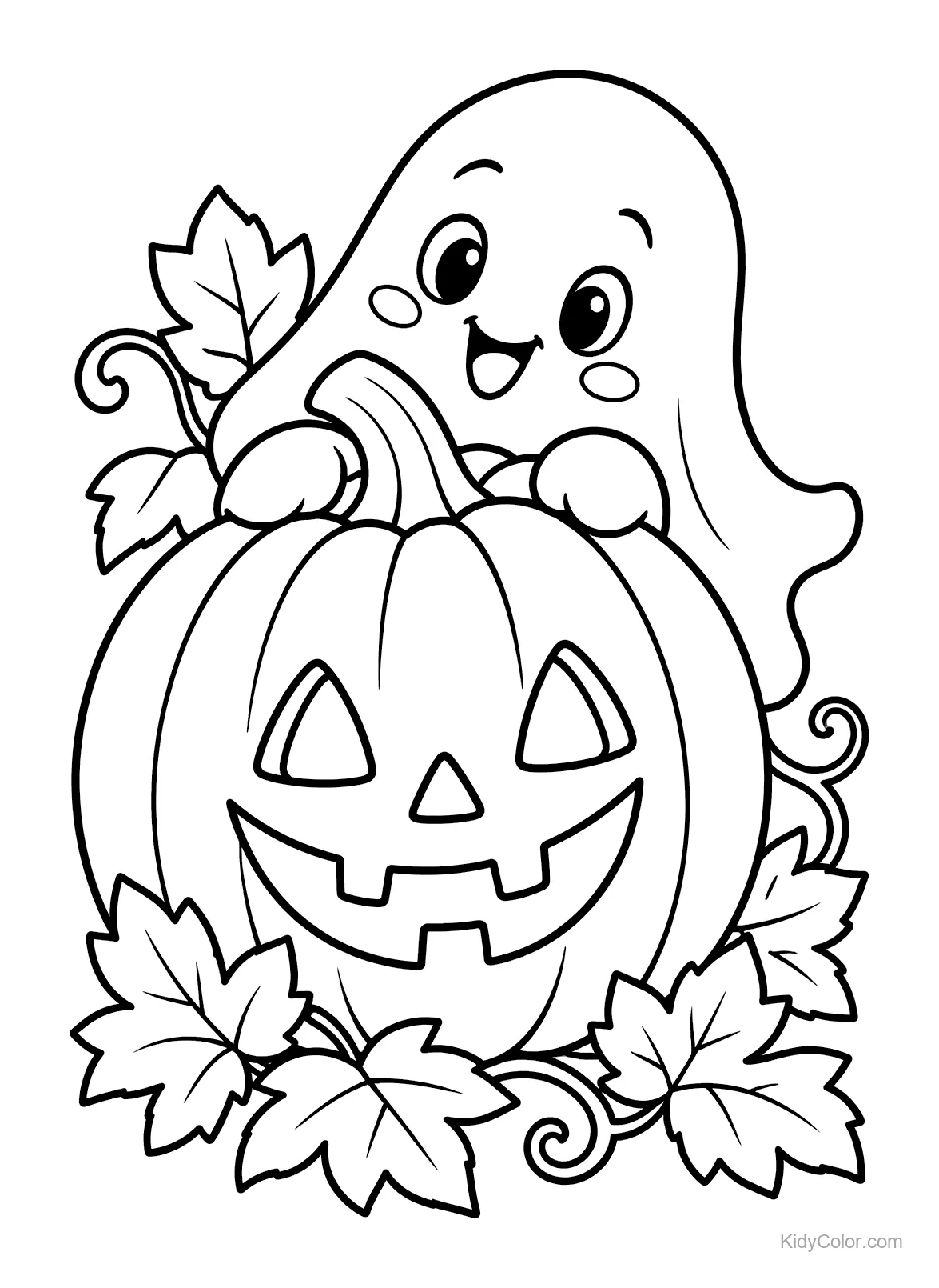 Cheerful ghost with a jack-o'-lantern and leaves.