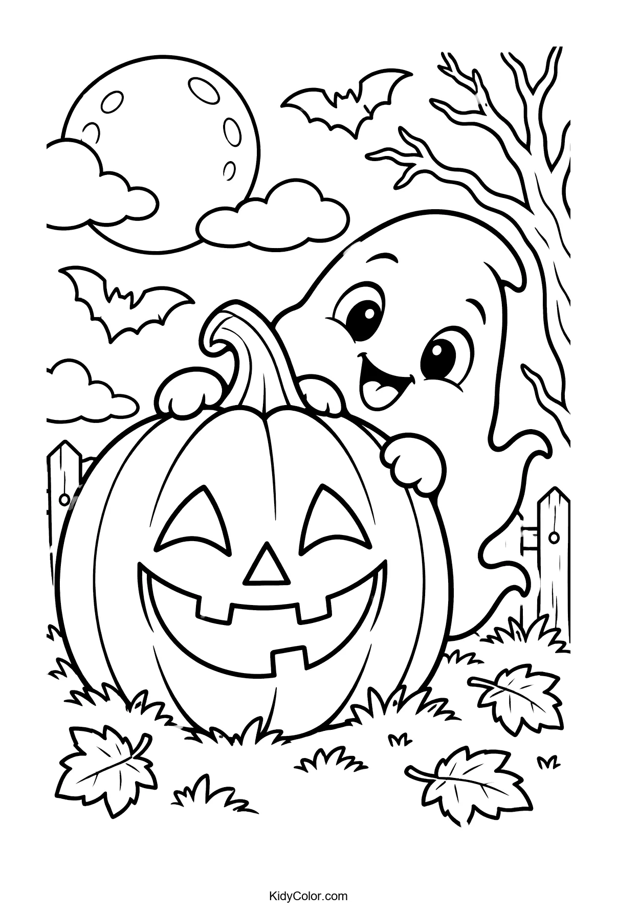 A cheerful ghost with a jack-o’-lantern under the moon, with bats flying.