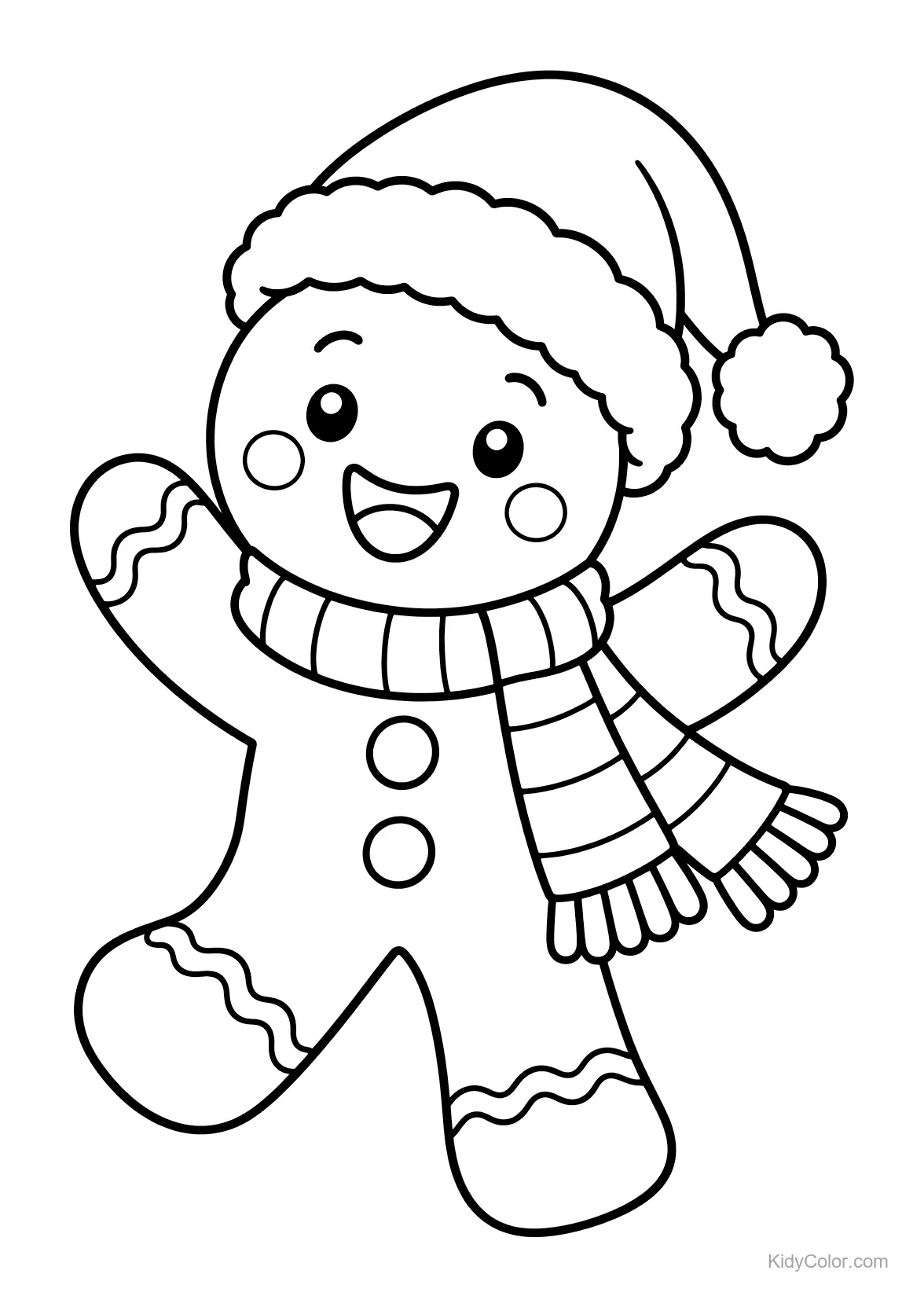 Galleta de jengibre con gorro de Santa y bufanda bailando.