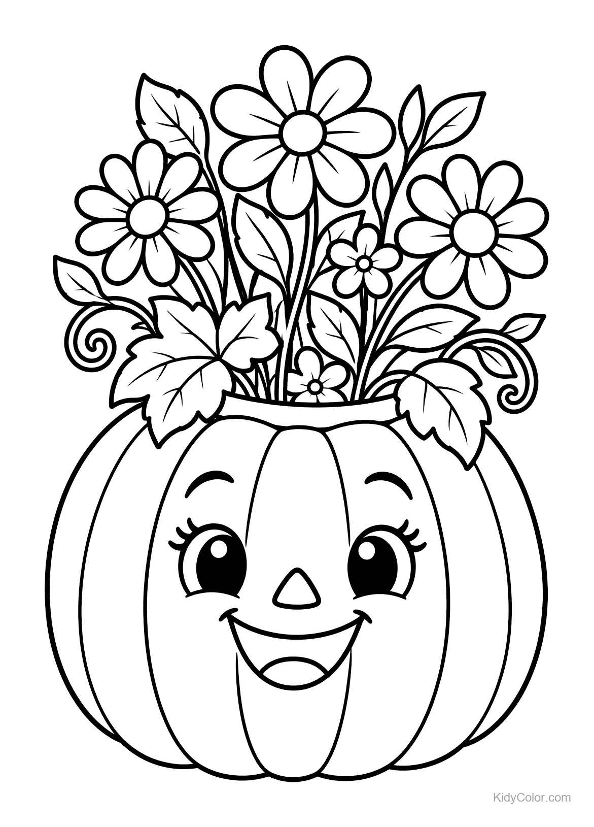 Cheerful jack-o’-lantern planter with flowers.