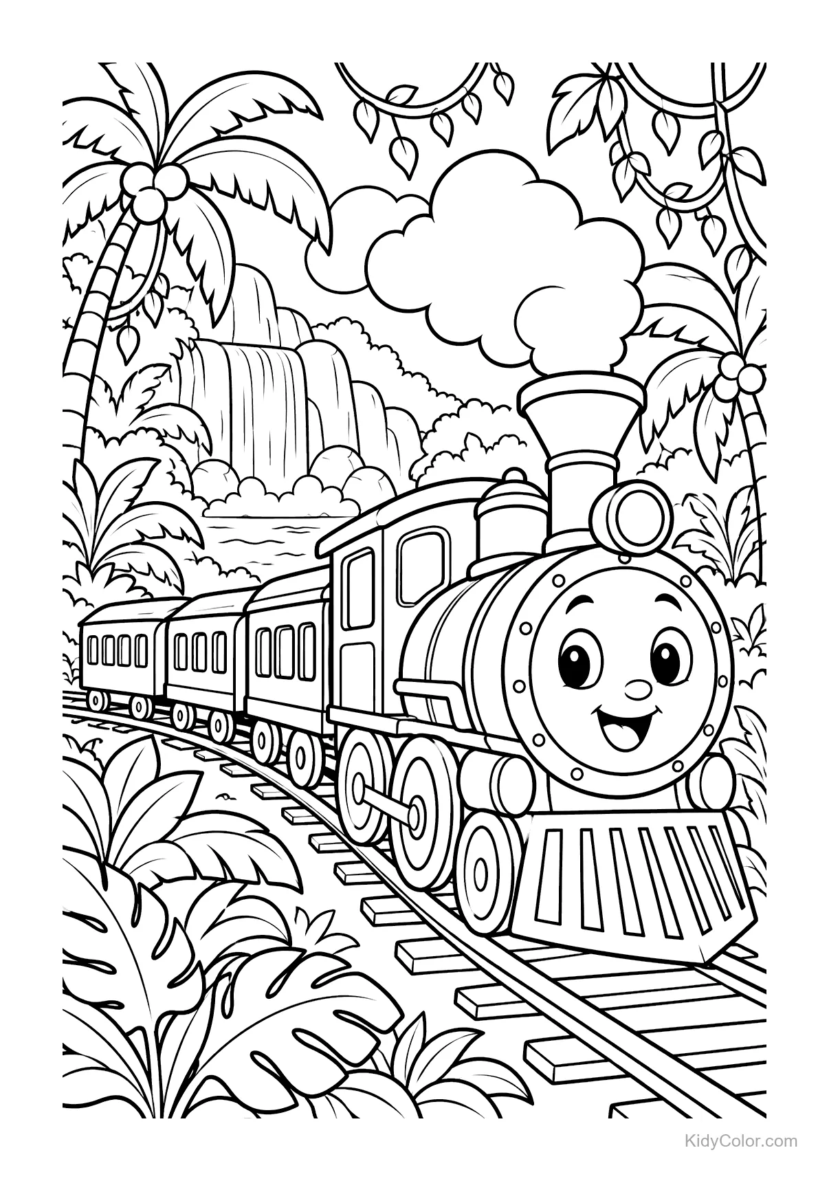 Train souriant dans un décor de jungle.