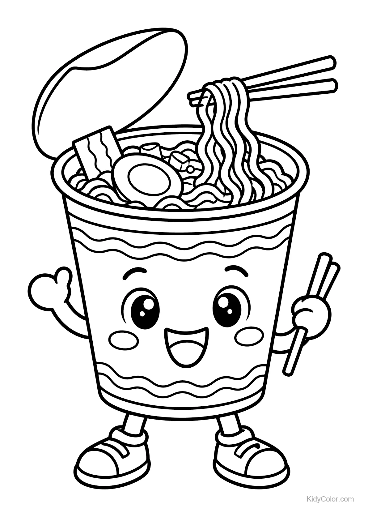 Kawaii noodle cup with a happy face and chopsticks, waving.