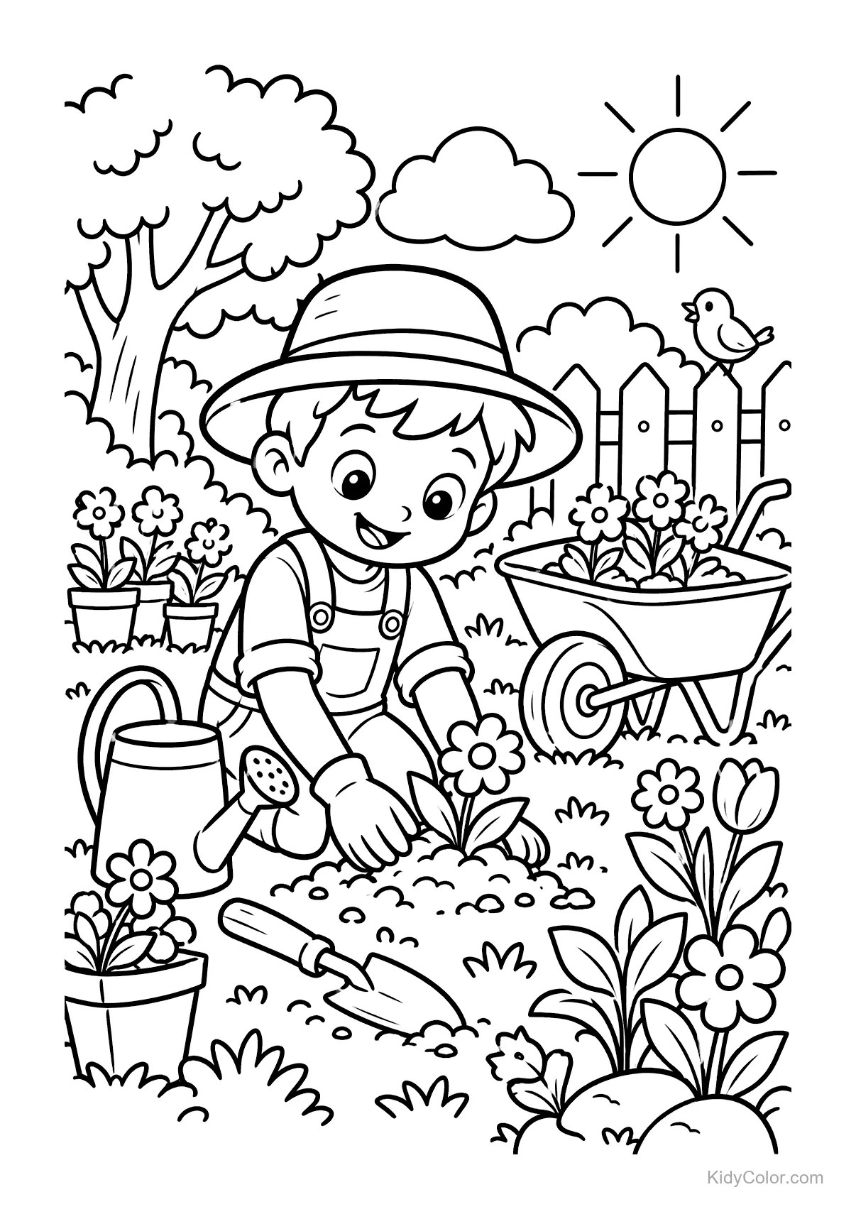 Kid gardener kneels planting flowers in a garden with a sun hat and watering can nearby.