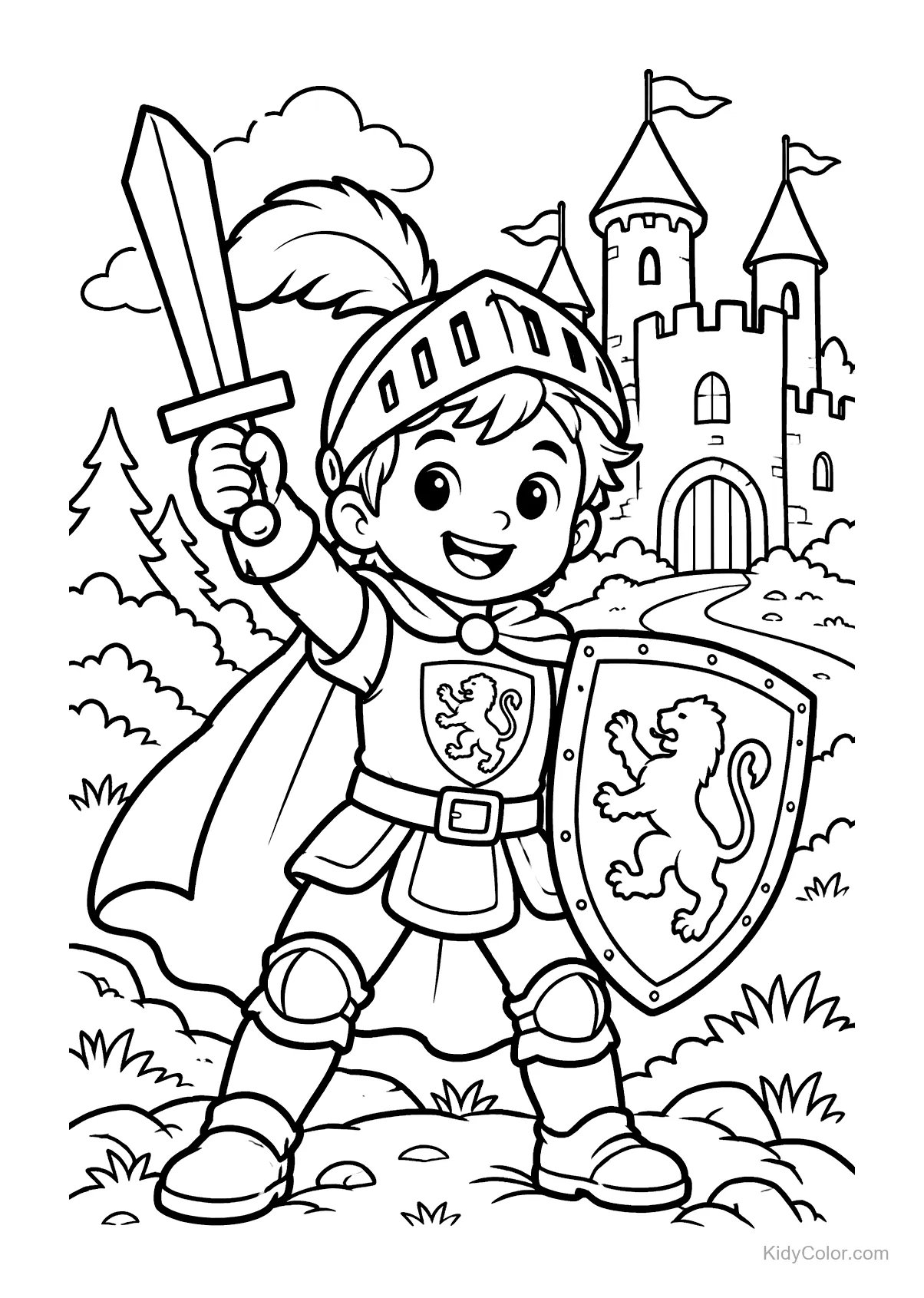 A knight with a sword and shield stands before a castle.