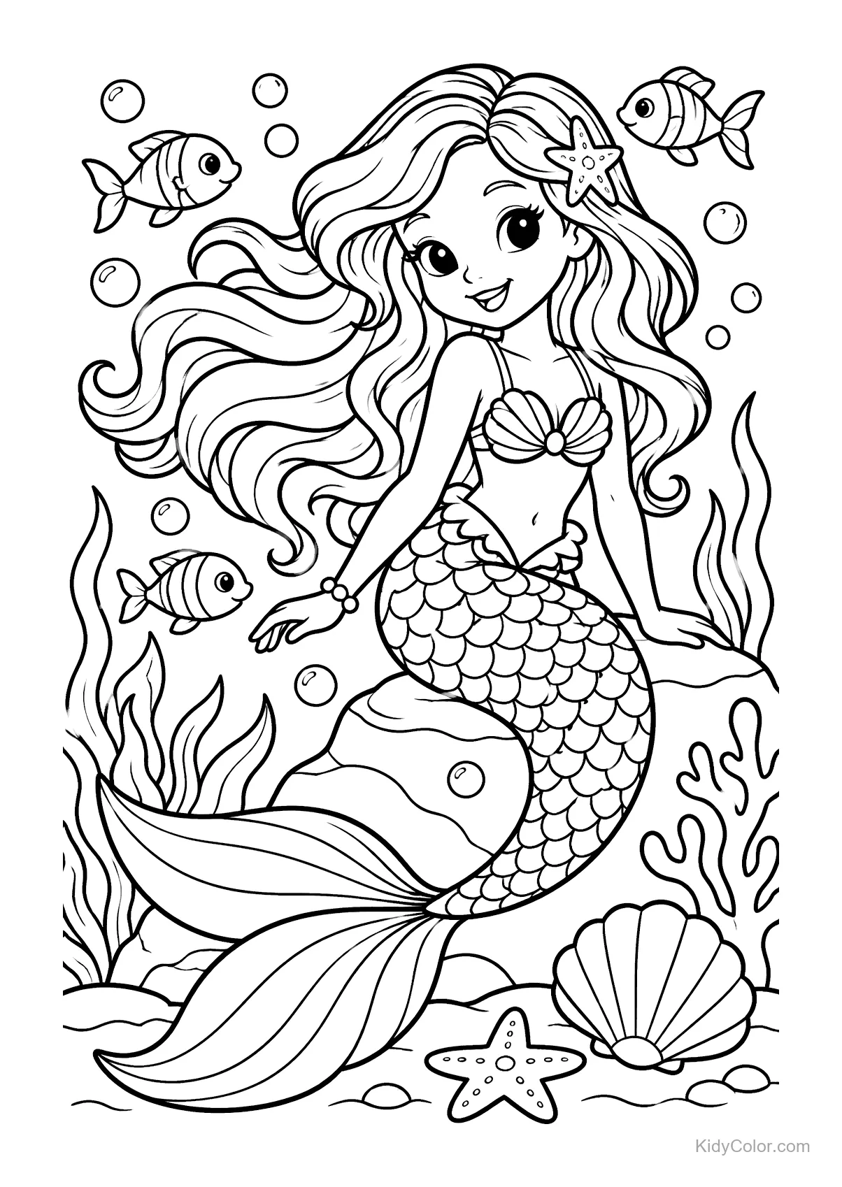 A cheerful mermaid with fish, seashells, and seaweed underwater.