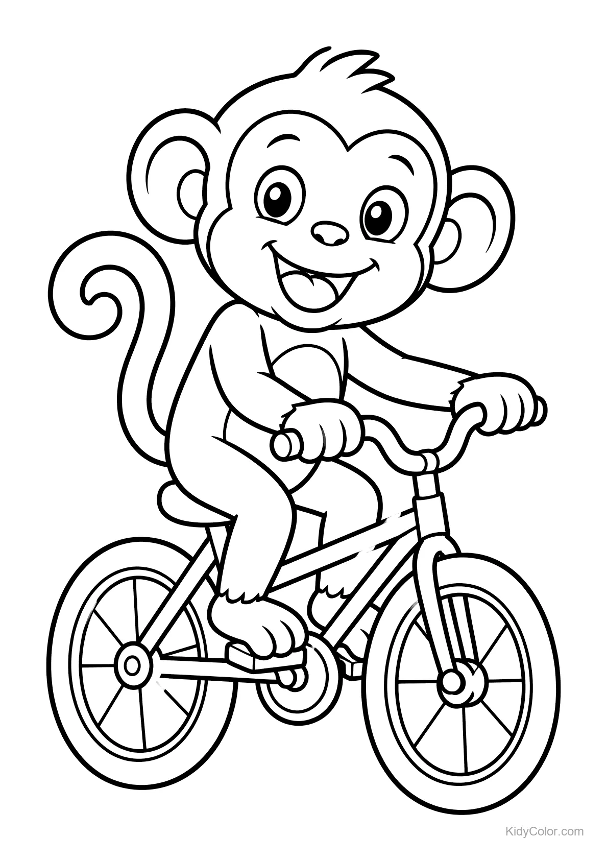 Vrolijke aap met een grote glimlach op een fiets.