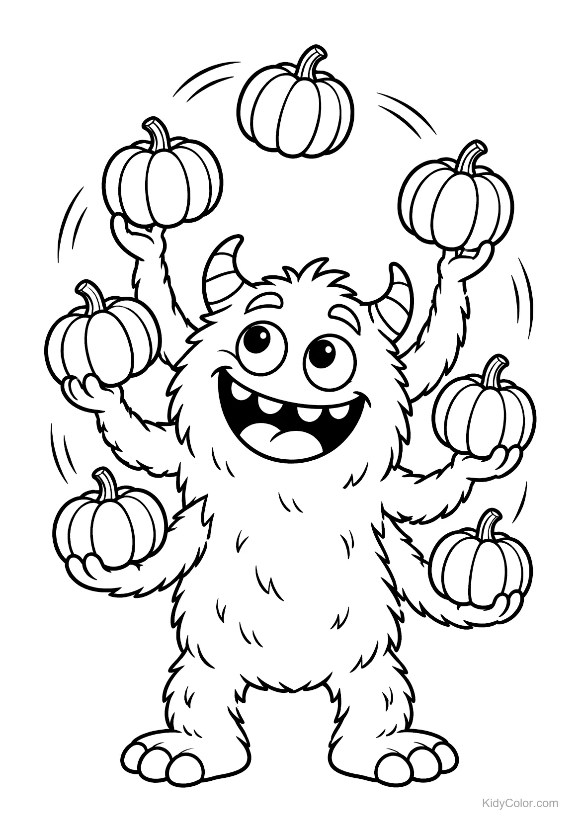 Cheerful monster with six arms juggling pumpkins.