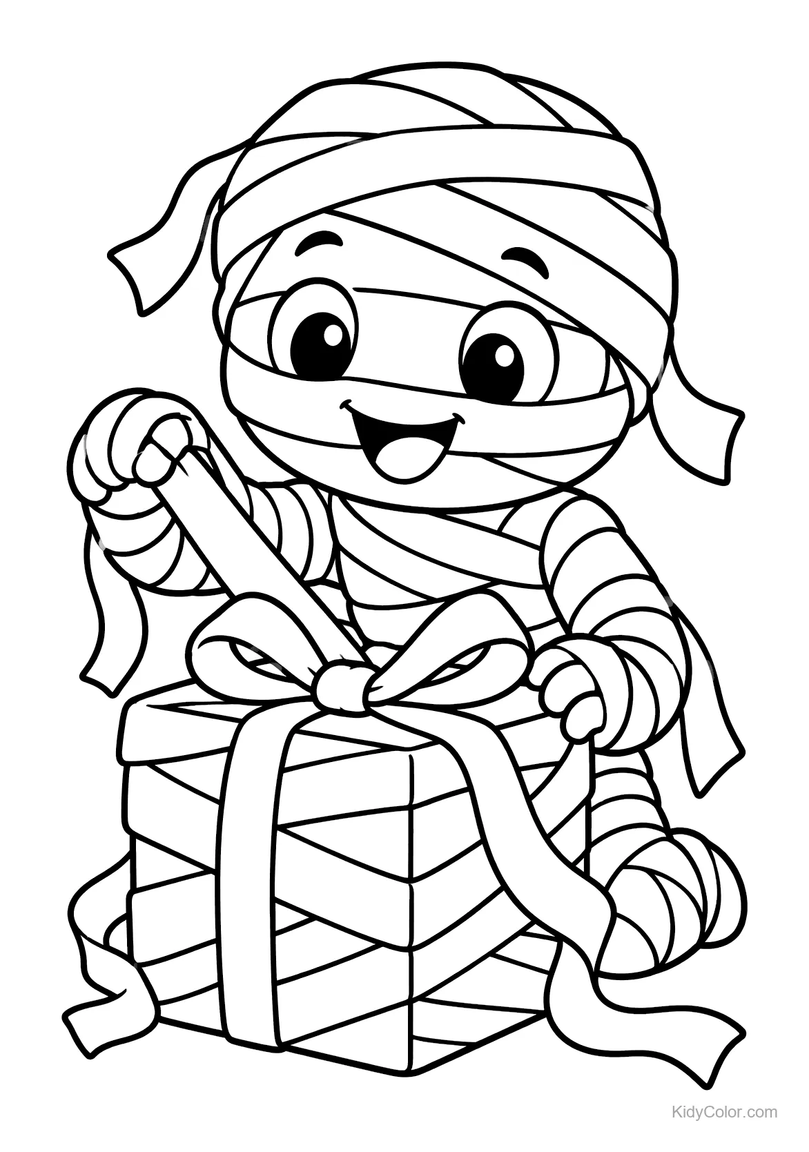 Cheerful mummy unwrapping a large gift with ribbons.