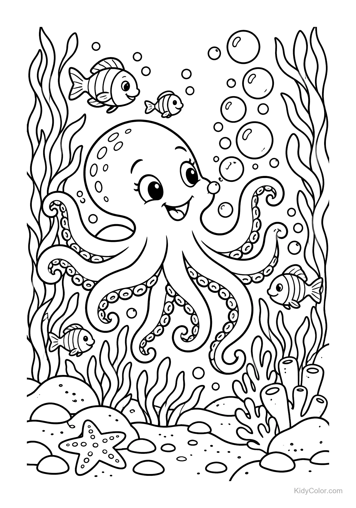 Cheerful octopus blowing bubbles surrounded by fish underwater.