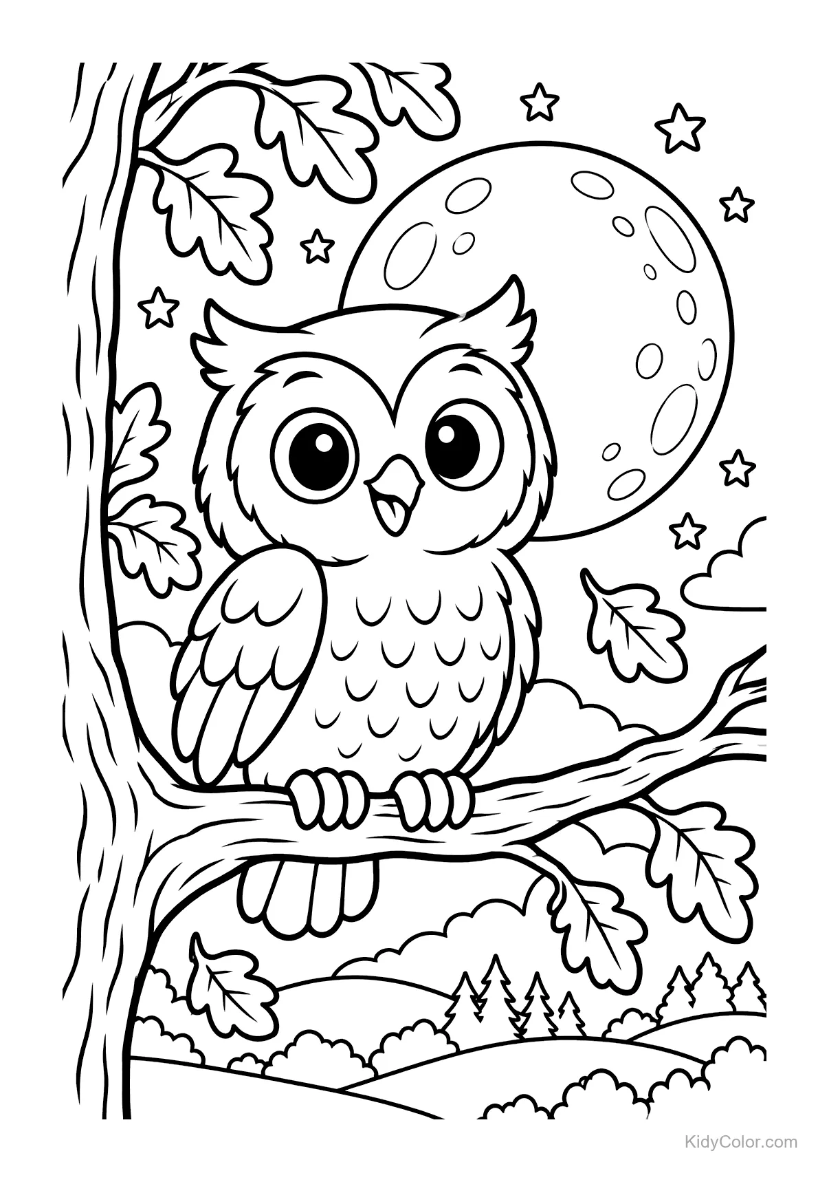 Cheerful owl on a tree under a full moon, with stars.