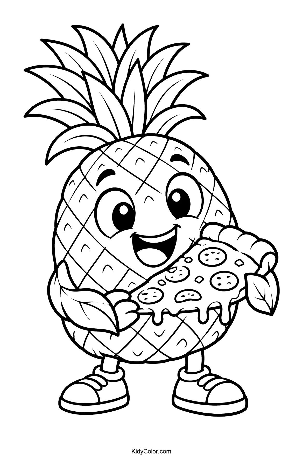 Cheerful pineapple character holding a pizza slice and smiling.