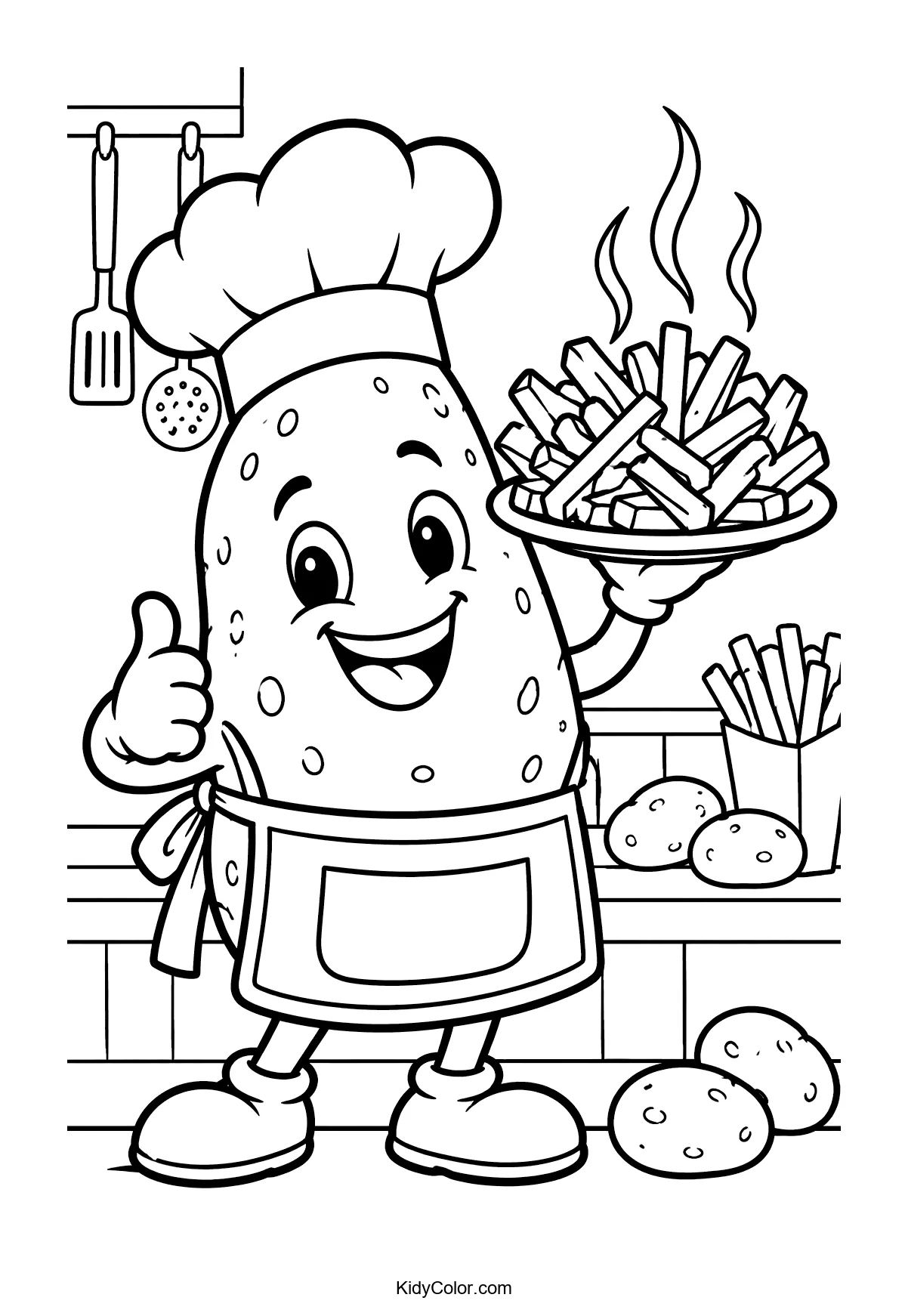 Potato chef with a hat holding a plate of fries, smiling.