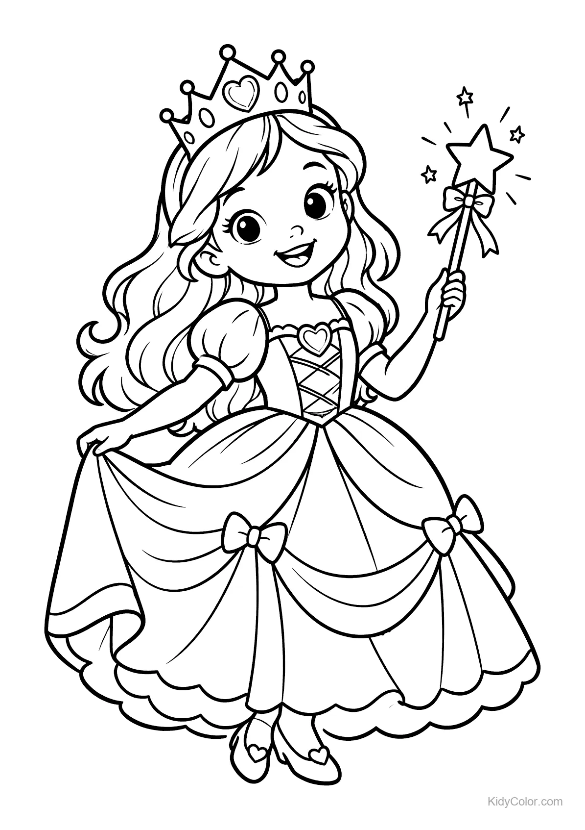 Princesa con corona sosteniendo una varita con estrella, sonriendo.