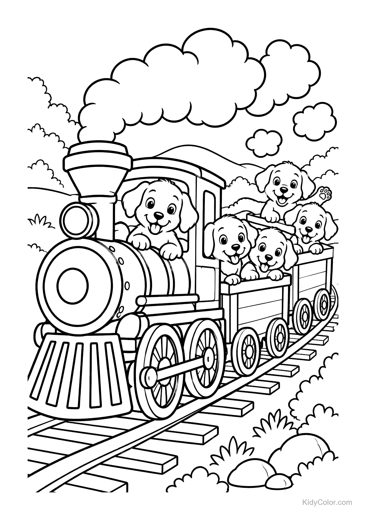 Cuccioli che viaggiano su un treno attraverso un paesaggio collinare.
