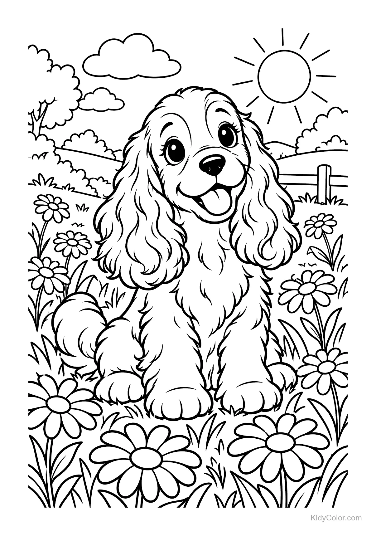A cheerful puppy sitting in a meadow with daisies and the sun shining.