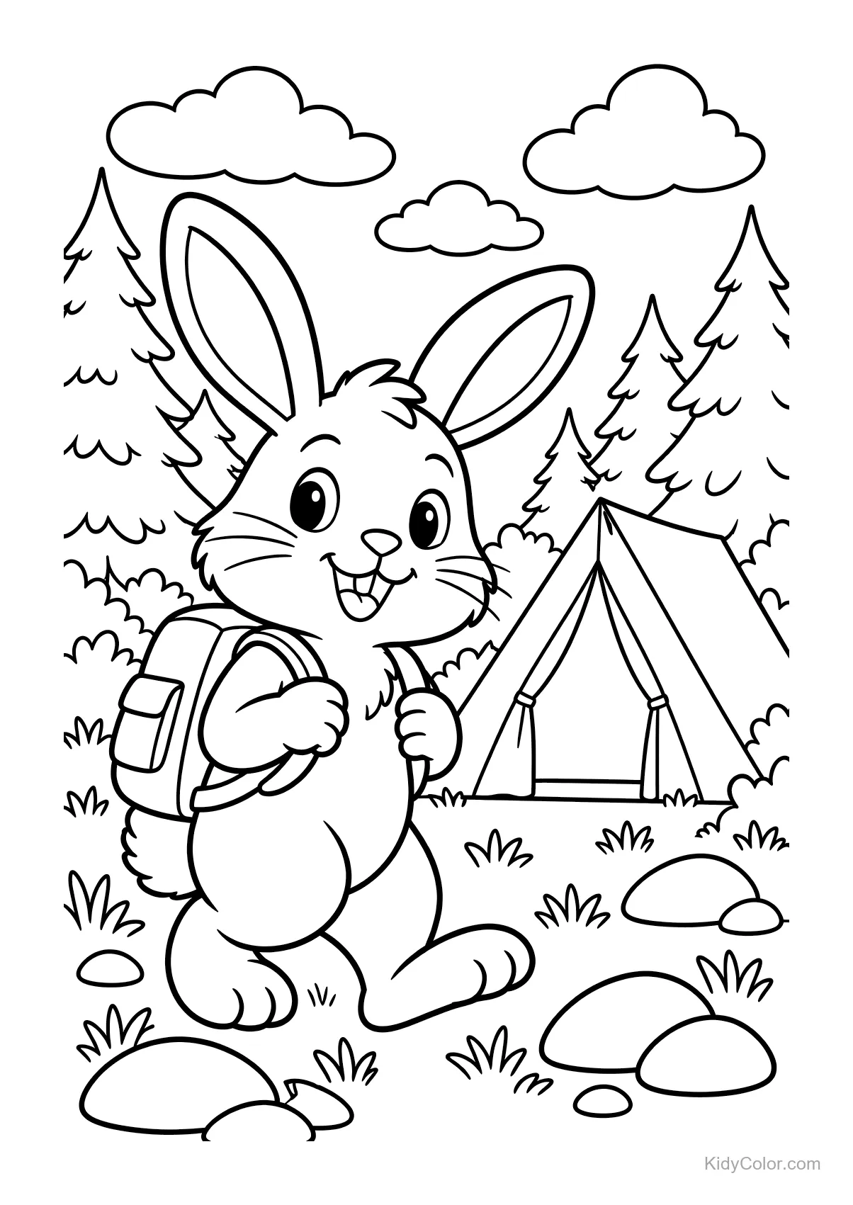 A rabbit with a backpack hiking in the forest near a tent.
