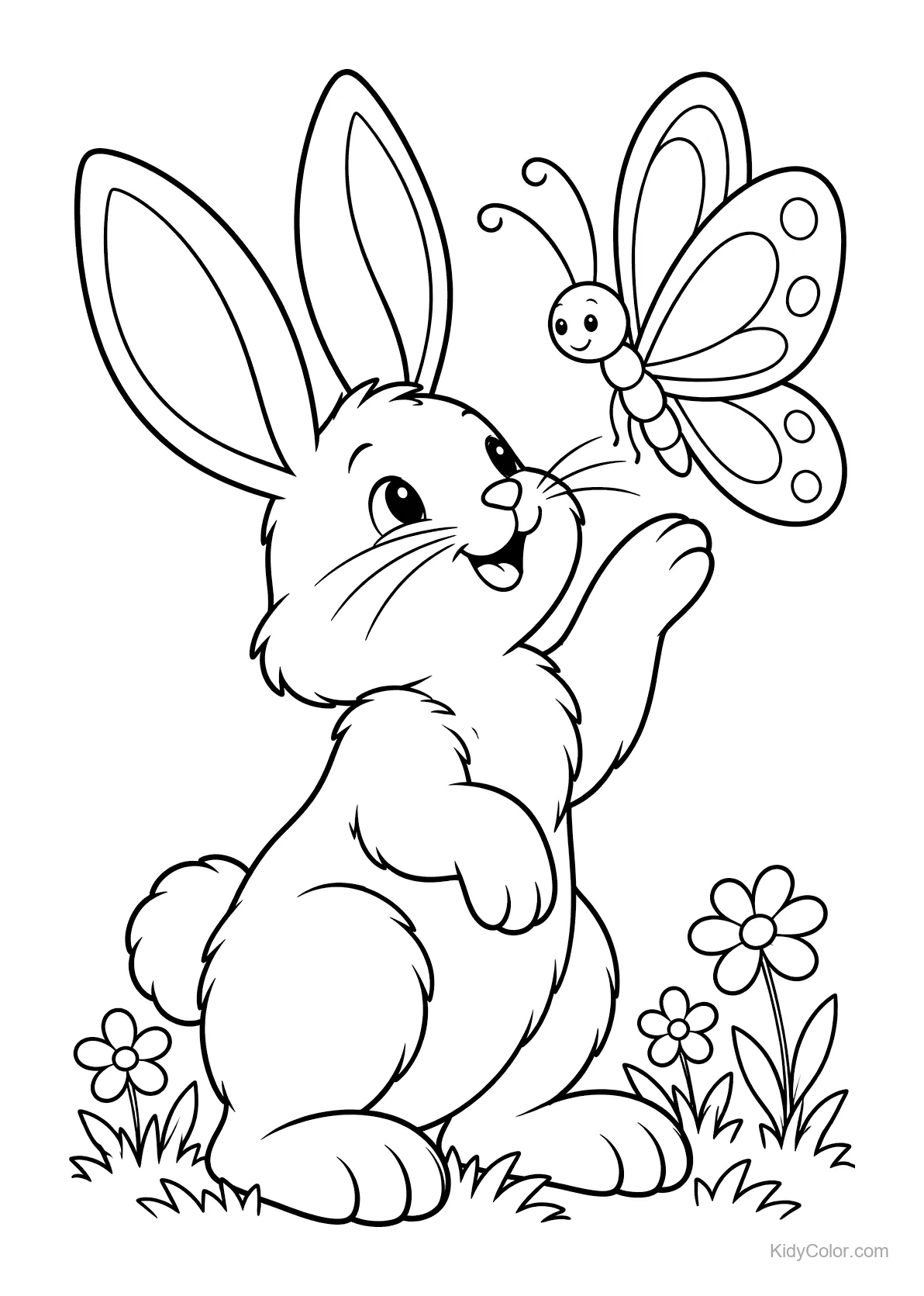 A rabbit reaching up to a butterfly with flowers around.