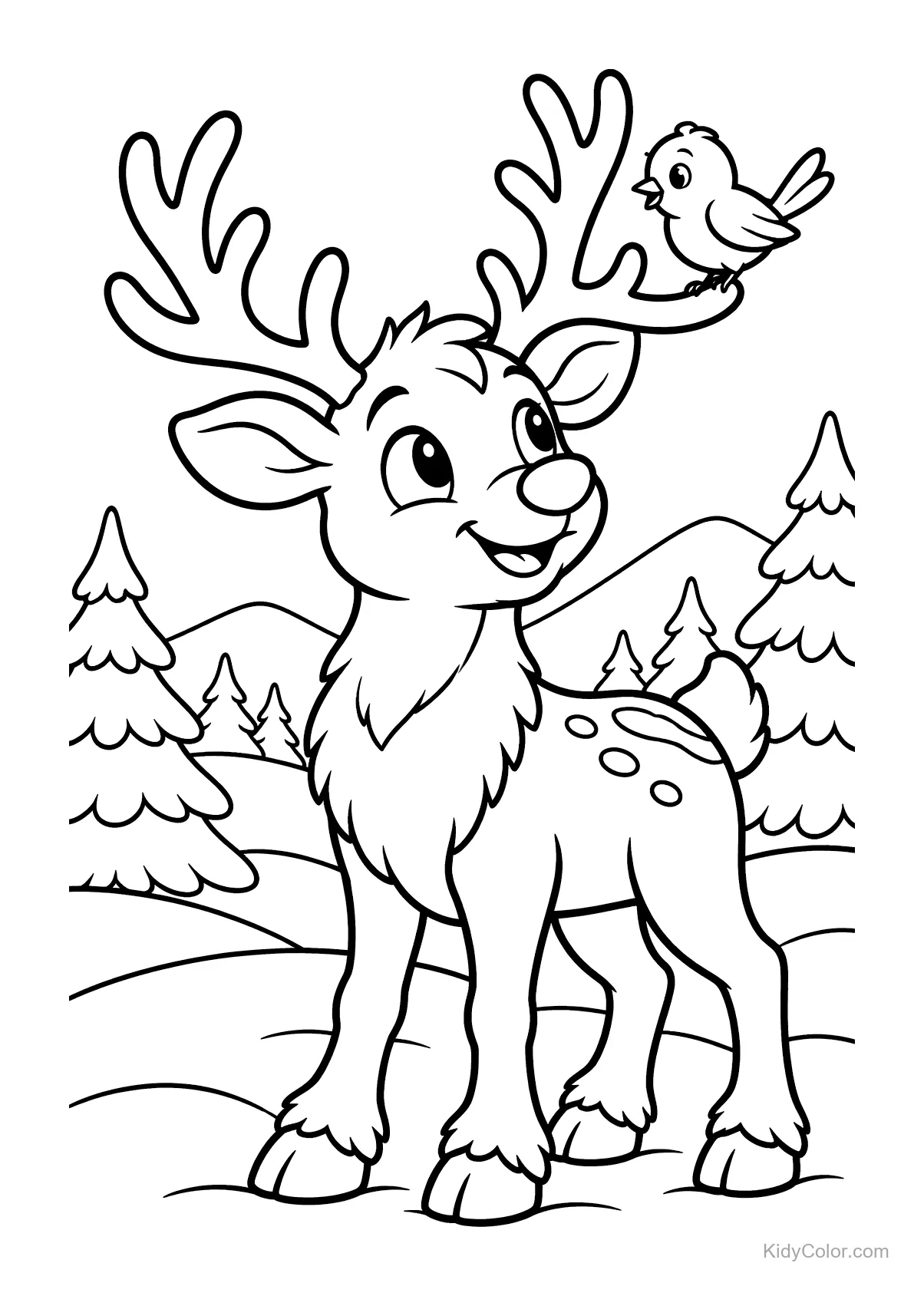 Joyful reindeer with a bird on antlers in a snowy landscape.