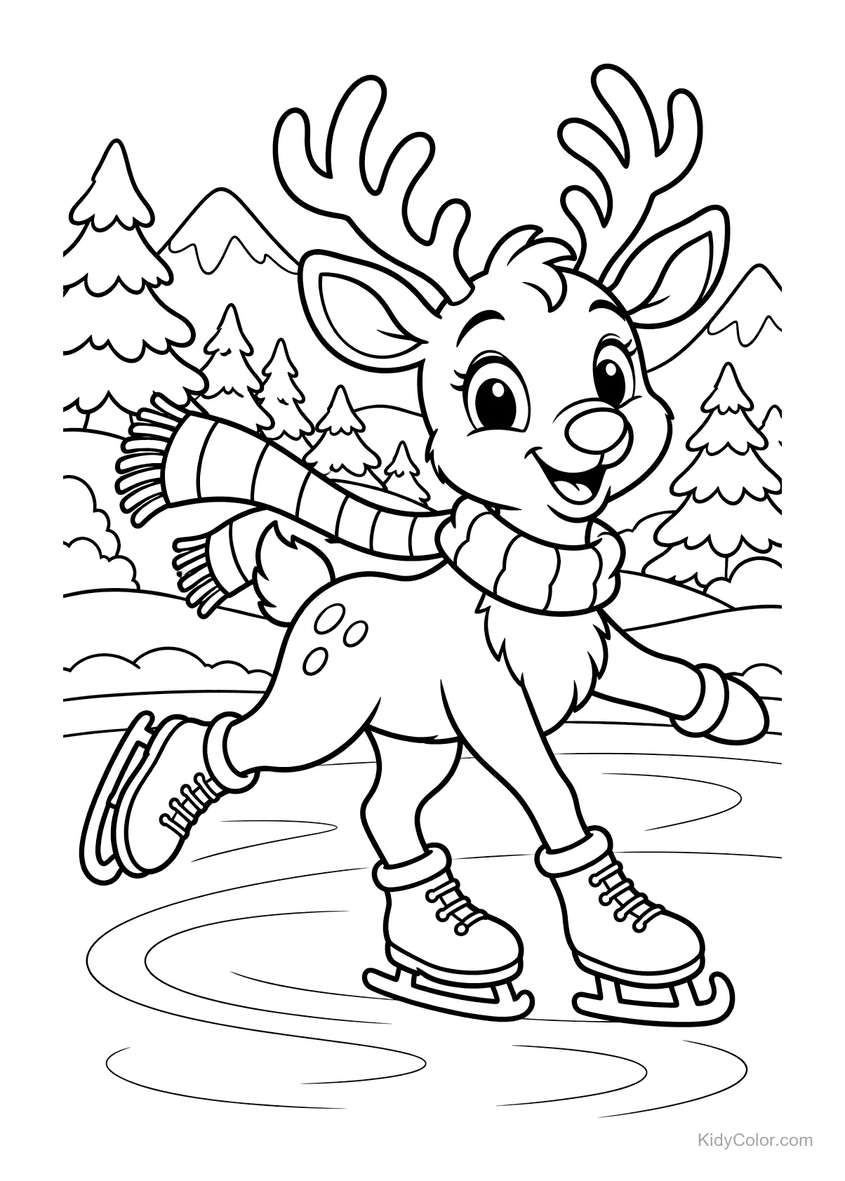 A cheerful reindeer ice skating on a frozen pond with trees in the background.