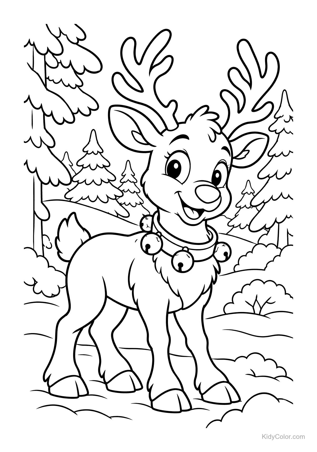 Cheerful reindeer in a snowy forest with bell necklace.